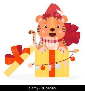 Niedlicher Tiger in Weihnachtsmütze in Geschenkbox. Weihnachtsgeschenk mit großer Schleife und Neujahrsgirlande. Vektorgrafik. Für Neujahr Grußkarten, Kinder Stock Vektor