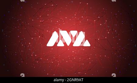 Avax-Token-Symbol für Avalanche des DEBI-Projekts Kryptowährung auf rotem polygonalem Hintergrund. Logo-Symbol für Kryptowährung-Münzen. Dezentrale Finanzierung Stock Vektor