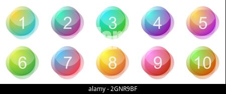 Die Aufzählungspunkte 1 bis 10. Set von kreativen bunten Bannern. Vektorgrafik. Glänzende Knöpfe Stock Vektor