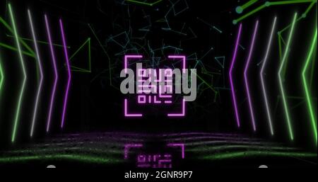 QR-Code-Scanner mit Neonelementen gegen das Netzwerk von Verbindungen Stockfoto