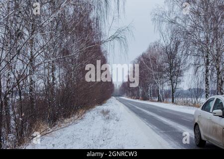 Schneebedeckte Straße mit Birken ohne Laub. Auto verlassen Rahmen. Gerollte Spur auf ersten Schnee. Driftgefahr. Stockfoto