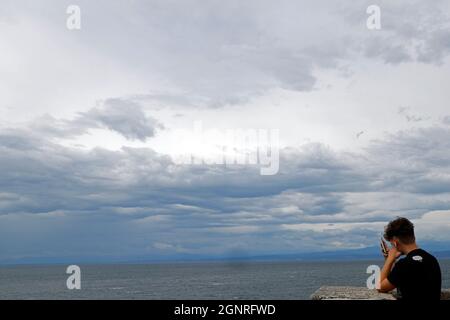 Junge mit seinem Smartphone vor dem Meer. Piran. Slowenien. Stockfoto