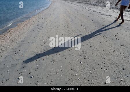 Al Hamra Beach am Arabischen Golf bei Ras Al Khaimah. Frau, die am Strand läuft. Frau, die barfuß am Strand läuft. Vereinigte Arabische Emirate. Stockfoto