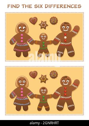 Finden Sie die sechs Unterschiede. Lebkuchen Familie und Cookies - niedlich und süß weihnachten Puzzle Spaß. Stockfoto