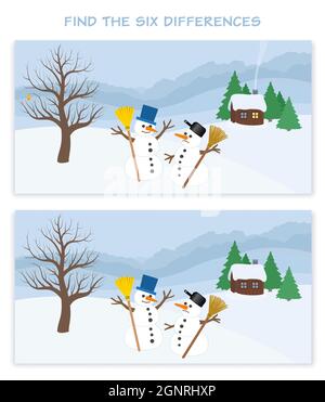 Winterlandschaft mit sechs Unterschieden. Zwei Schneemänner, Holzhütte und Bäume in einem verschneiten Bergpanorama. Weihnachten Puzzle Spaß. Stockfoto