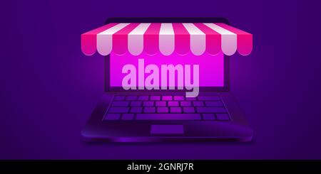 Online-Shopping. Offener Laptop mit Markise. Konzept des Online-Shops. Banner für Marketing- und Promotion-E-Commerce. Vektorgrafik. Stock Vektor
