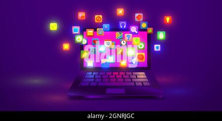 Laptop mit Anwendungssymbolen. App Store-Konzept. Computersoftware. Vektorgrafik Stock Vektor