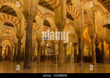 CORDOBA, SPANIEN - 11. August 2021 - Bögen im Gebetsraum der Mezquita (Moschee), Cordoba, Spanien Stockfoto