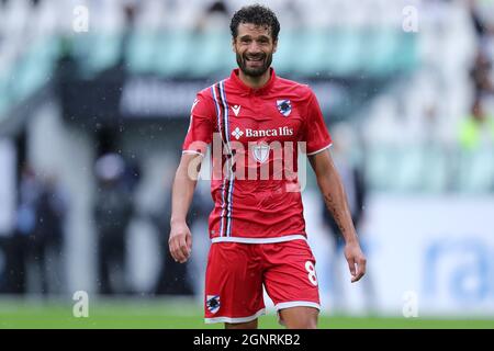 Antonio Candreva von UC Sampdoria sieht während des Serie-A-Spiels zwischen Juventus FC und UC Sampdoria aus. Stockfoto