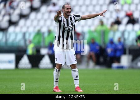 Giorgio Chiellini von Juventus FC zeigt während der Serie Ein Spiel zwischen Juventus FC und UC Sampdoria. Stockfoto