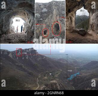 (210927) -- ZHENGZHOU, 27. September 2021 (Xinhua) -- Combo-Foto zeigt eine Höhlenstelle, an der ein menschliches Schädelfossil aus 32,000 Jahren im Bezirk Lushan, der zentralchinesischen Provinz Henan, gefunden wurde. Ein menschliches Schädelfossil aus 32,000 Jahren wurde in einer Höhlenanlage in Henan gefunden, wie die örtlichen archäologischen Behörden am 27. September 2021 sagten. Die Höhle befindet sich in der Gemeinde Guanyinsi, Bezirk Lushan. Frühere paläolithische archäologische Forschungen in der Gegend haben menschliche Fossilien, Tierfossilien und Steinwerkzeuge aufgedeckt. (Henan Provincial Institute of Cultural Heritage and Archaeology/Handout via Xinhua) Stockfoto