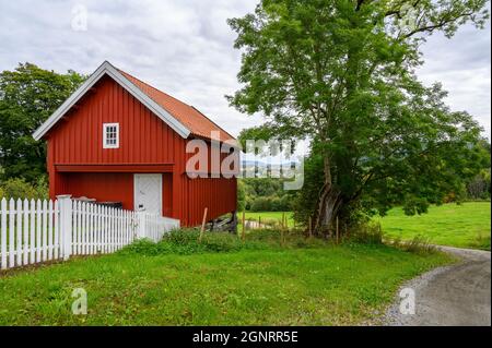 Ein altes, traditionelles, rot gestrichenes Bauernhaus und weißer Zaun in idyllischer Landschaft in Ulefoss, Telemark, Norwegen. Stockfoto