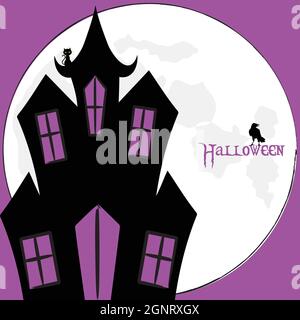 Halloween-Karte Mit Gruseligen Cartoons Style House Und Dekorativem Text Über Großem Mond Auf Violettem Hintergrund Stock Vektor