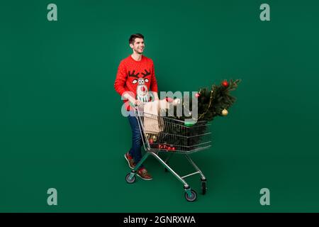 In voller Länge Körpergröße Ansicht der attraktiven fröhlichen Kerl tragen Tannenbaum einkaufen Winter isoliert über grüne Farbe Hintergrund Stockfoto