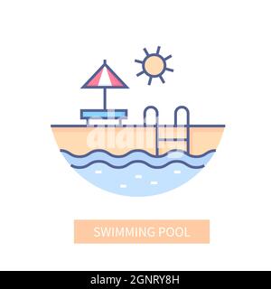 Swimmingpool – Symbol im modernen Liniendesign auf weißem Hintergrund. Ordentliches, detailliertes Bild von sonnigem Sommertag, blauem Wasser, Sonnenschirm und Sandstrand. Warm Stock Vektor