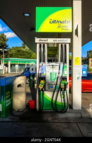 BP-Tankstelle Watling Street, St. Albans, Diesel und bleifrei wegen Panikkauf am 27. September 2021 außer Betrieb Stockfoto