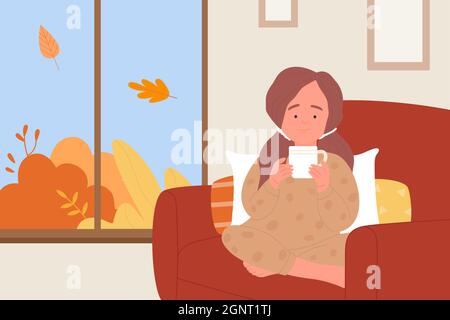 Nettes Mädchen trinken heißen Drink zu Hause Vektor-Illustration. Cartoon-Kind-Figur hält Teebecher warm bei kaltem Herbstwetter, sitzt in Sessel am Fenster mit fallenden Herbst orange Blätter Stock Vektor