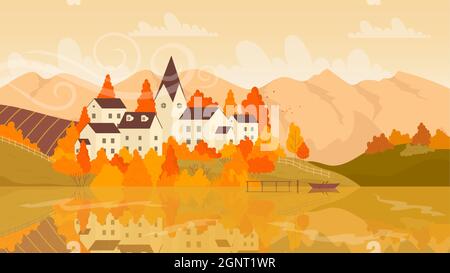 Europäisches Dorf auf See im Herbst Landschaft Vektor-Illustration. Cartoon malerische Herbstlandschaft in gelb-orange Herbstfarben, kleine Stadthäuser und Reflexion in ruhigen Gewässern des Sees in Europa Stock Vektor