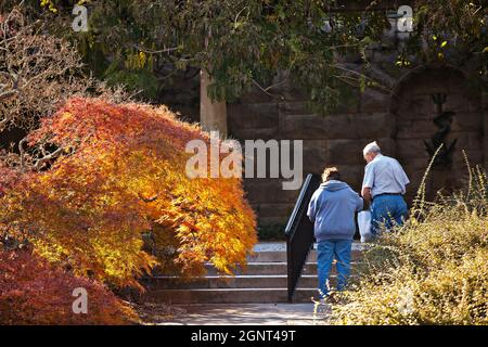 Ein älteres Paar geht im Herbst in Asheville, North Carolina, durch die ummauerten Gärten des Biltmore Estate. Das Haus, privat im Besitz der Familie Vanderbilt, ist mit über 250 Zimmern das größte Haus in Amerika. Stockfoto