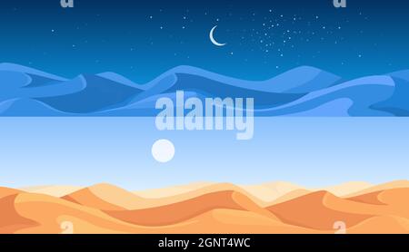 Ägyptische Wüstenlandschaft Szene und Sanddünen setzen Vektor-Illustration. Cartoon sandige Natur Panorama-Landschaft mit trockenen endlosen Skyline heiß von Land bei Tag und Nacht, Wüste in Afrika Hintergrund Stock Vektor