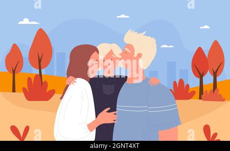 Familienmenschen verbringen Spaß Zeit im Herbst Stadtpark, nette Szene Vektor Illustration. Cartoon Mutter Vater und Kind Figuren stehen zusammen in der Stadtlandschaft, lächelnd und umarmt Hintergrund Stock Vektor