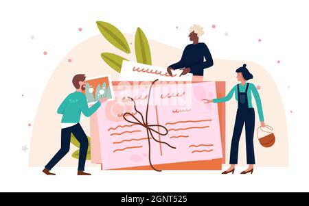 Die Leute schreiben Briefnachricht, legen in Papierumschlag Vektor-Illustration. Cartoon winzigen Mann Frau Figur steht in der Nähe von großen Retro-Umschlag mit Briefmarke, Schreiben Brief in Bleistift isoliert auf weiß Stock Vektor