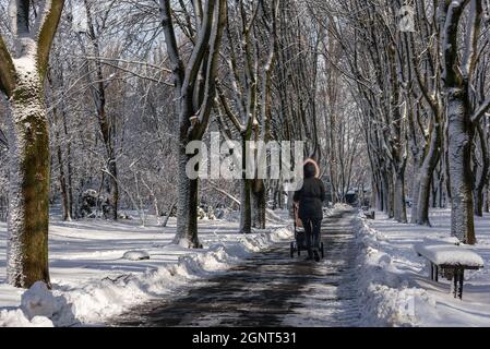 Eine Frau mit einem Kinderwagen läuft auf einer verschneiten Gasse eines Stadtparks. Nicht identifizierte Frau mit dem Rücken zum Betrachter in der Ferne in einem Bube Stockfoto