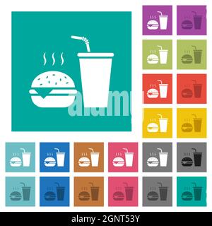 Fastfood-Menü mit Cheeseburger und Getränken einfarbigen, flachen Symbolen auf schlichten, quadratischen Hintergründen. Weiße und dunklere Symbolvarianten für h enthalten Stock Vektor