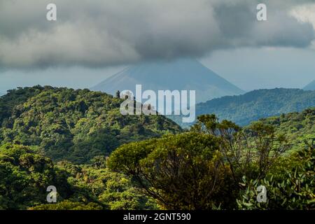 Nebelwald bedeckt Reserva Biologica Bosque Nuboso Monteverde, Costa Rica. Arenal Vulkan im Hintergrund. Stockfoto