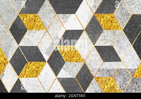 3d abstrakte Tapete. Geometrische schwarze und goldene Würfel in Mosaik-Hintergrund. Für Wand zu Hause dekorativ Stockfoto