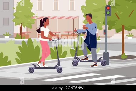 Cartoon junge Mann Frau Charaktere fahren Geschwindigkeit Elektroroller auf der Straße, alternative Öko-Lifestyle Hintergrund. Menschen fahren Elektroroller Transport in Stadt Landschaft Vektor Illustration Stock Vektor