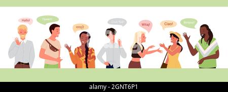Internationale Menschen begrüßen, sprechen verschiedene Muttersprache Vektordarstellung. Cartoon multikulturelle mehrsprachige vielfältige Kommunikation, Gruppe von Mann Frau Sprecher Zeichen sprechen Hintergrund Stock Vektor