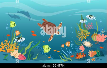 Schildkröte in See- oder Ozeangewässern, Vektorgrafik tropischer Unterwasserwelt. Cartoon Wassertiere und Fische schwimmen, niedliche Korallenriff und Seesterne der Untersee, marine Leben Hintergrund Stock Vektor