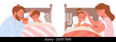 Krankes Kind liegt im Bett zu Hause Schlafzimmer, Kinderkrankheit Krankheit Set Vektor-Illustration. Cartoon Vater Figur sitzt neben Sohn mit kaltem Fieber, Mutter und kranke Tochter isoliert auf weiß Stock Vektor