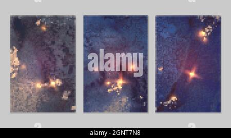 Marmor Set aus Gold, lila und Denim blauen Hintergründen mit Textur. Geode-Muster mit Glitzer. Abstrakte Vektorhintergründen in fluiden Kunst Alkohol Tinte tec Stock Vektor