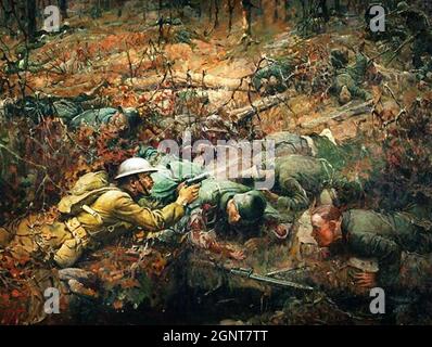 ALVIN YORK (1887-1964) einer der am meisten dekorierten amerikanischen Soldaten des Ersten Weltkriegs. Das Gemälde von Frank Schoonover aus dem Jahr 1919, das York in seiner Aktion „Ehrenmedaille“ am 8. Oktober 1918 während der Maas-Argonne-Offensive zeigt. Stockfoto