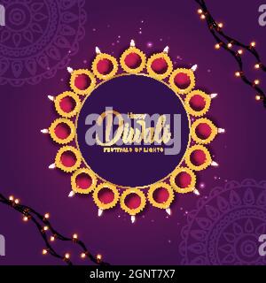 Indian Festival Happy Diwali mit Diwali Requisiten, Urlaub Hintergrund, Diwali Feier Grußkarte, Vektor-Illustration Design. Stock Vektor