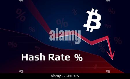 Bitcoin-BTC-Hash-Rate ist gesunken. Bitcoin-Symbol mit rotem Pfeil nach unten. Die Bergbauleistung ist gesunken. Vektorgrafik. Stock Vektor
