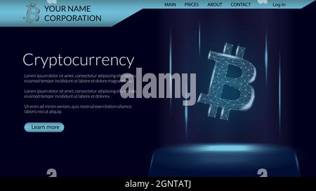 Kryptowährung-Website-Seitenvorlage mit polygonalem Drahtmodell-Bitcoin-Token für Kryptowährung. Digitales Münzlogo mit einer kurzen Beschreibung. Website-Header Stock Vektor