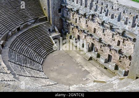 Repräsentative Modell der historischen alten antiken Stadt Aspendos Amphitheater, Antalya im Miniatürk, Istanbul.Miniaturk ist ein Miniaturpark in Istanbul Stockfoto