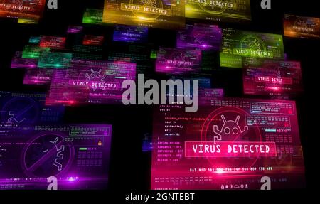 Warnung „Virus entdeckt“ auf Computerbildschirmen. Globaler Angriff, Cyber-Sicherheitsverletzung Warnung mit Wurm-Symbol, Systemschutz 3d abstraktes Konzept illustrr Stockfoto
