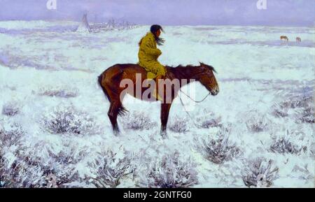 Frederick Remington Artwork - der Herdenjunge - der eingeborene Amerikaner wacht zu Pferd über die Herde. Stockfoto