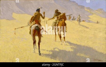 Frederick Remington Kunstwerk - The Parley - Indianer und Cowboy reiten zu jedem, um zu parley, Stockfoto