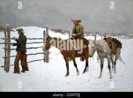 Frederick Remington Artwork - The Fall of the Cowboy - zwei Cowboys, die über ihr abnehmendes Geschäft berichten und das Ende einer Lebensart sehen. Stockfoto