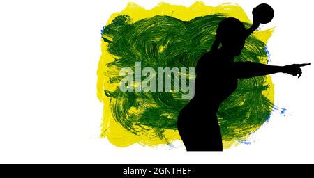 Silhouette der weiblichen Handballspielerin gegen gelbe und grüne Pinselstriche Stockfoto