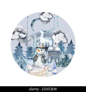 Weihnachten mit Schneemann und Schneeflocken. Handgezeichnete Aquarell-isolierte Illustration auf weißem Hintergrund Stockfoto
