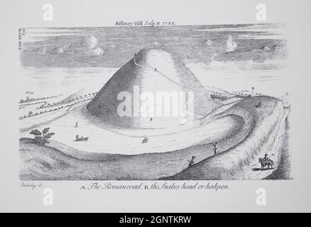 Blick auf Silbury Hill, Avebury Weltkulturerbe von William Stukeley Wiltshire UK Stockfoto