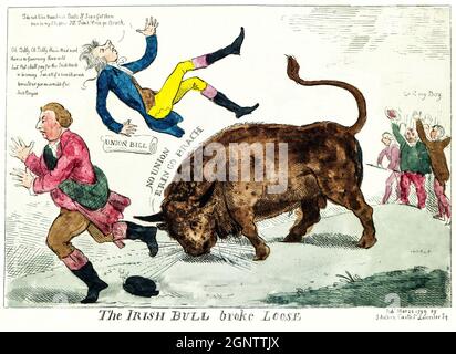 Ein Cartoon aus dem 19. Jahrhundert über die irische Union, in dem der 'Irish Bull' William Pitt in die Luft wirft und dabei ist, das gleiche mit Lord Dundas zu tun, der nach links läuft; ganz rechts jubeln diejenigen, die gegen Pitt's 'Union Bill' sind, dem Stier zu: 'Go it my Boy'. Stockfoto