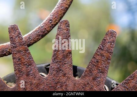 Nahaufnahme von rostigen Zahnrädern vor unschärfem Laub, draußen bei hellem Tageslicht. Strukturierte und verwitterte Spikes. Grunge Textur oder Mechanik Hintergrund. Stockfoto