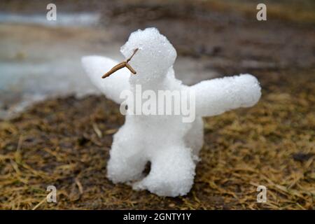 Snowbird. Kreativer Ansatz für Kinder. Die Kinder machten eine Schneefigur Stockfoto